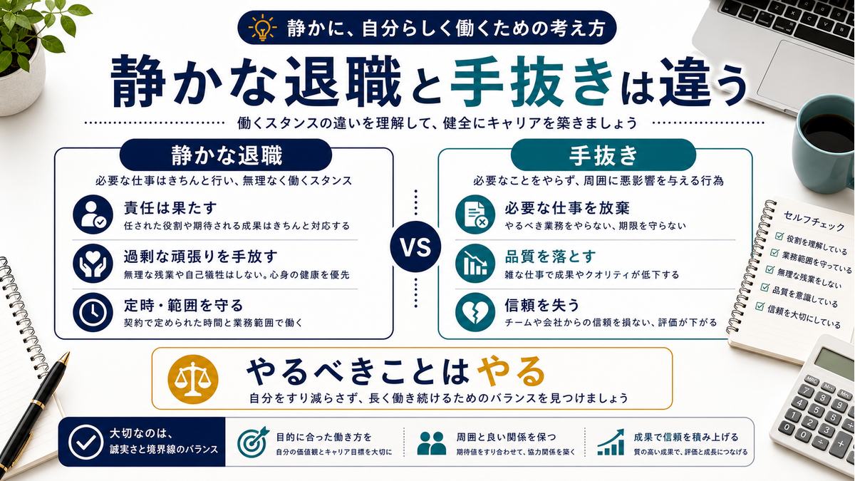静かな退職と手抜きの違いを比較する図解
