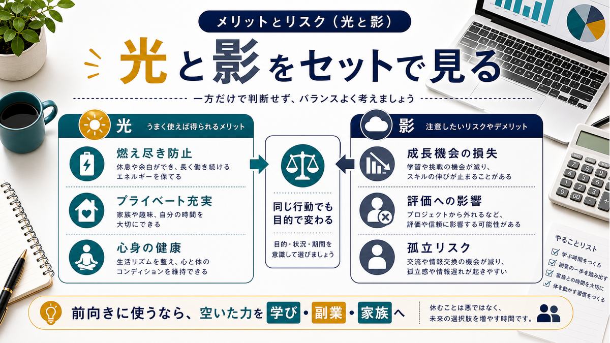 静かな退職のメリットとリスクを光と影として整理した図解