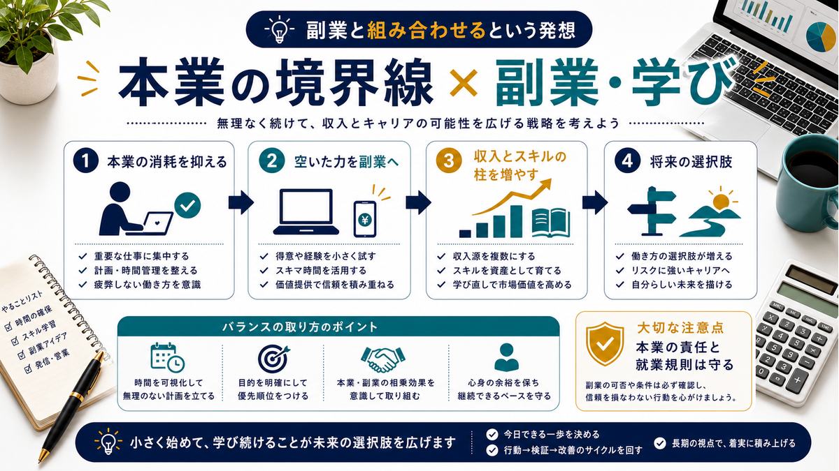 本業の境界線と副業や学びを組み合わせる考え方の図解