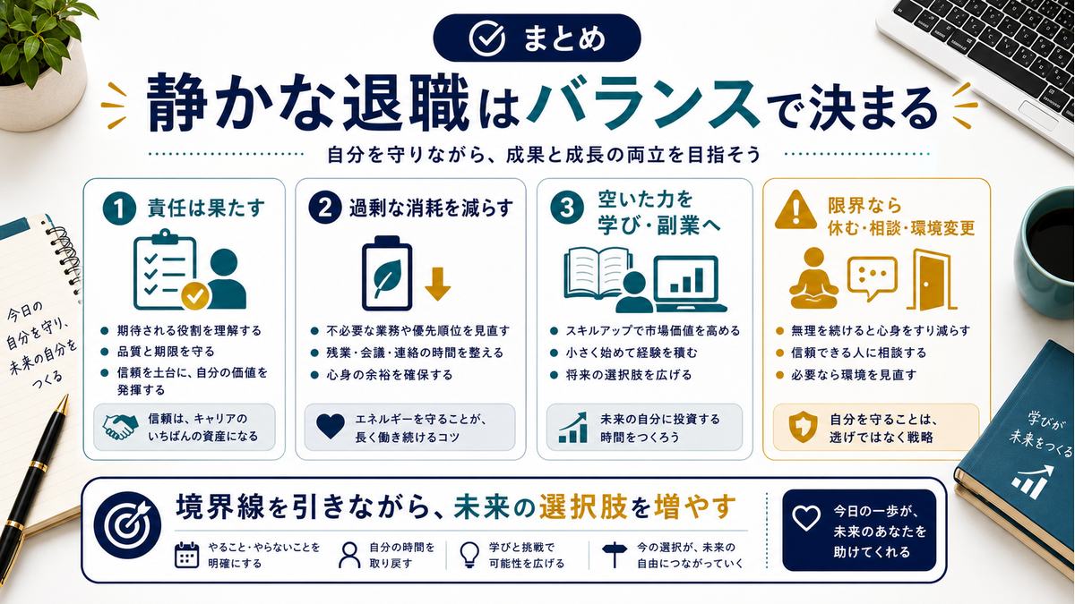 静かな退職は責任、消耗、学びや副業のバランスで決まるというまとめ図解