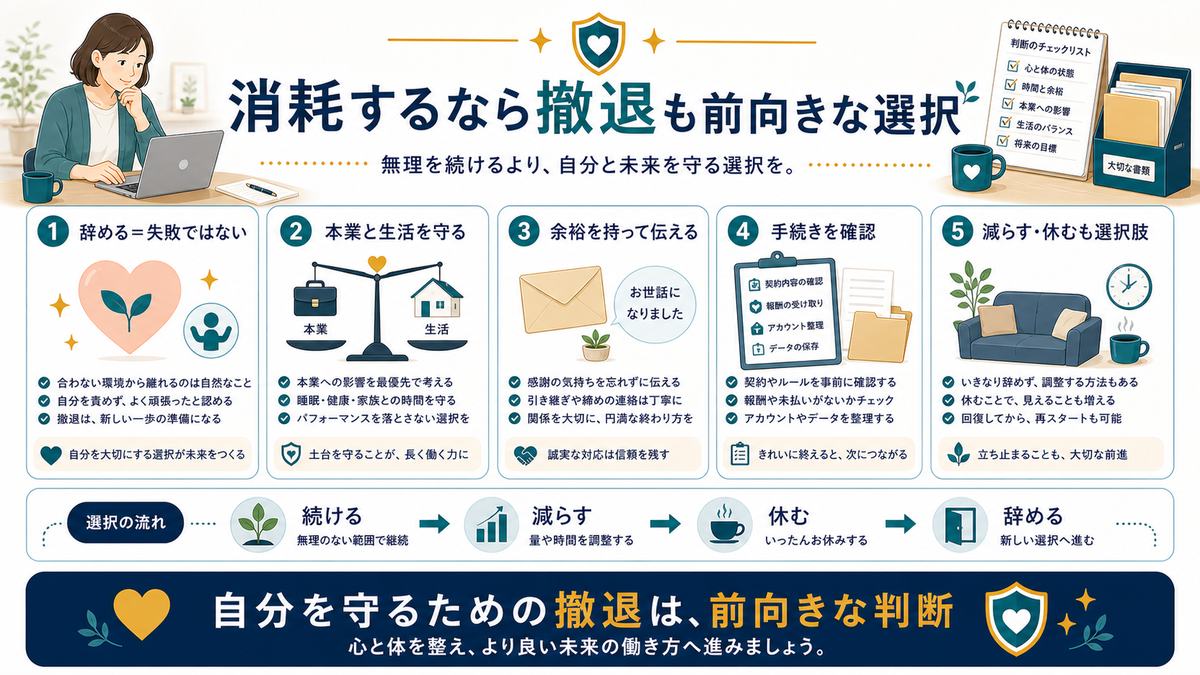 副業で消耗するなら撤退も前向きな選択として本業と生活を守り余裕を持って伝え手続きを確認する流れの図解