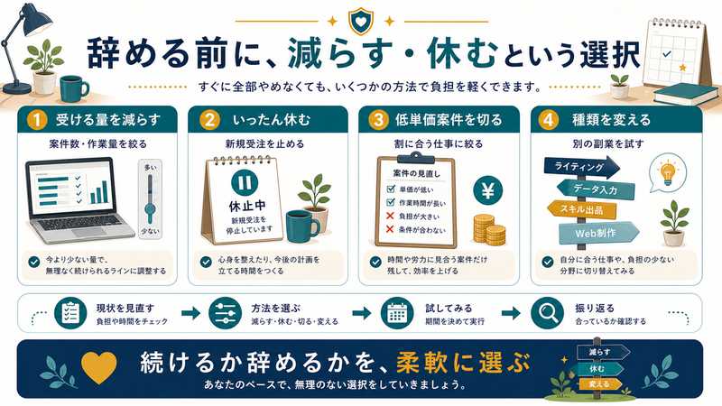 副業を辞める前に受ける量を減らす、いったん休む、低単価案件を切る、種類を変える選択肢を整理した図解