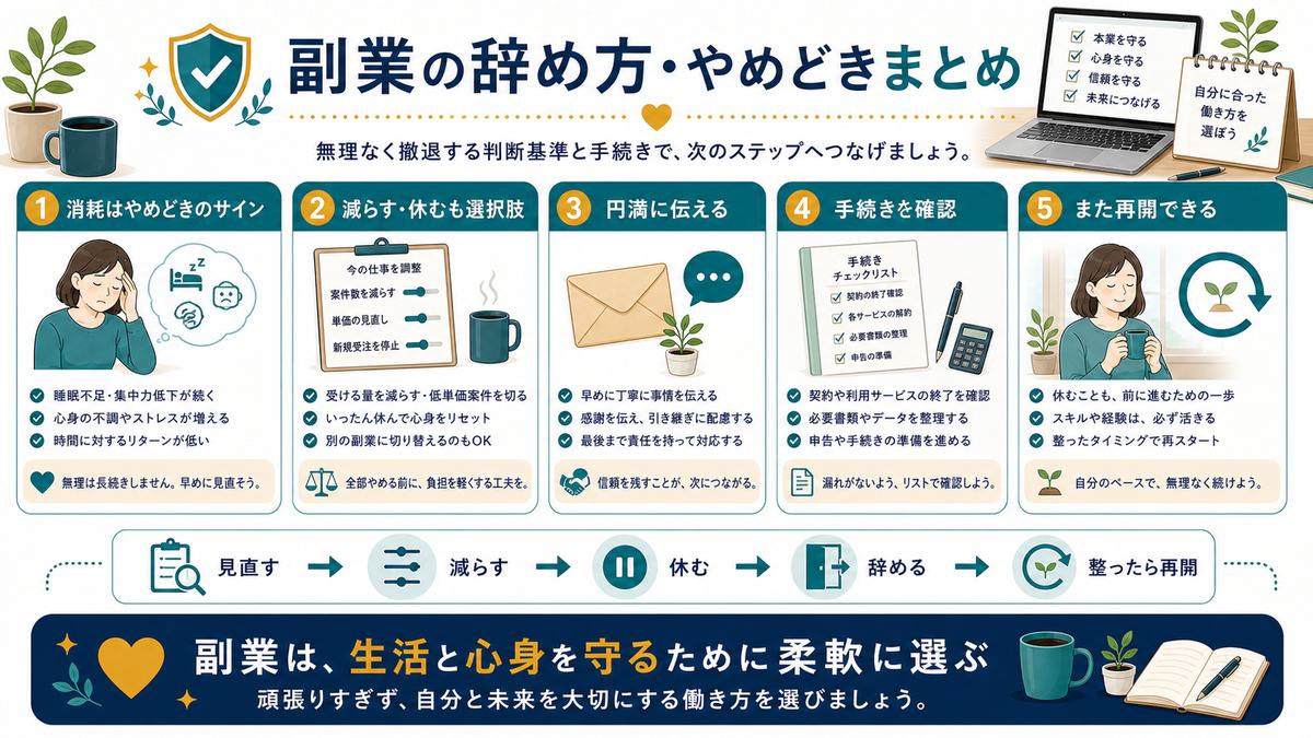 副業の辞め方とやめどきを消耗サイン、減らす休む、円満に伝える、手続き確認、再開できるでまとめた図解