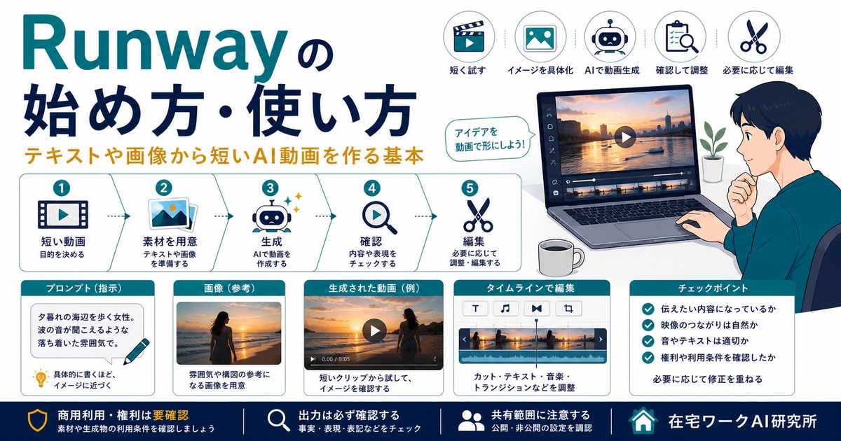 Runwayでテキストや画像から短いAI動画を作り確認編集する流れのアイキャッチ画像