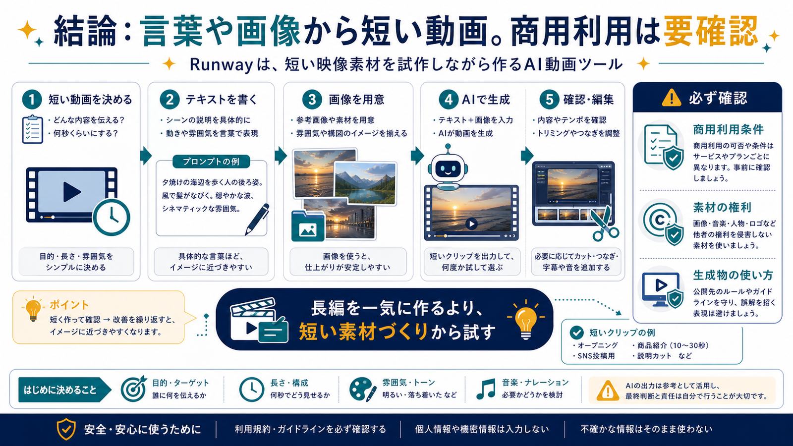 短い動画を決めテキストや画像を用意しAIで生成して確認編集し商用利用と権利を確認する図