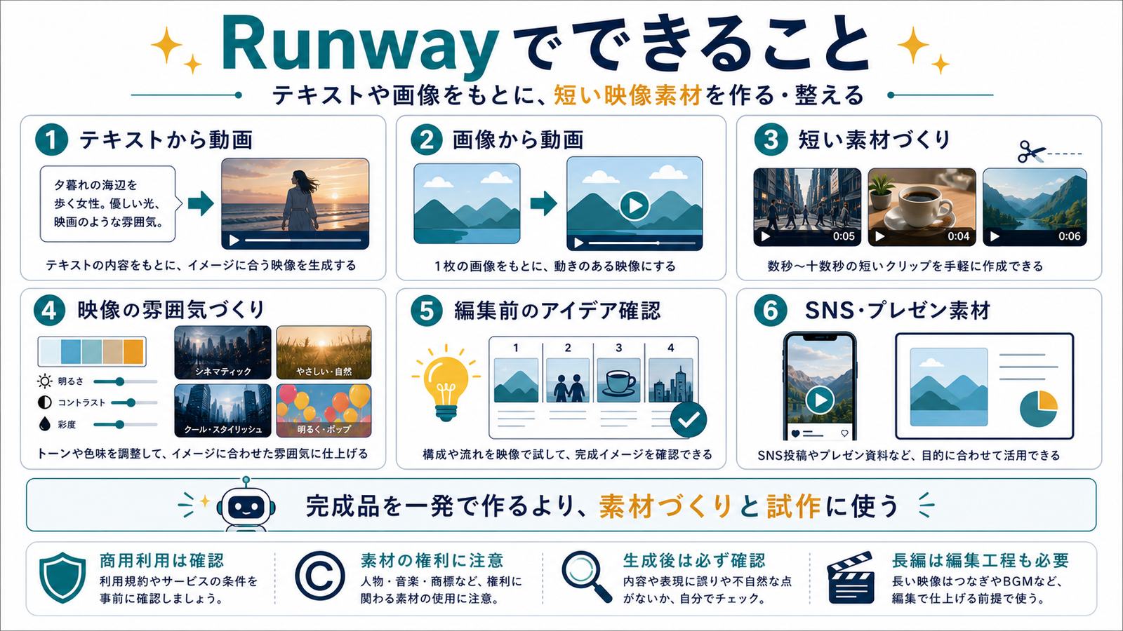 Runwayでテキストから動画画像から動画短い素材づくり映像の雰囲気づくり編集前の確認ができる図
