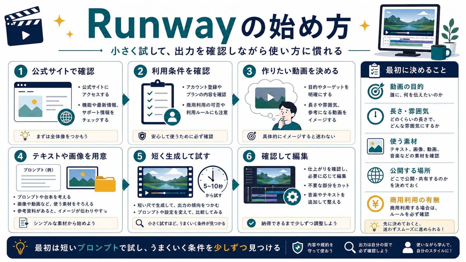 公式サイト利用条件作りたい動画テキスト画像短く生成確認編集までのRunwayの始め方の図