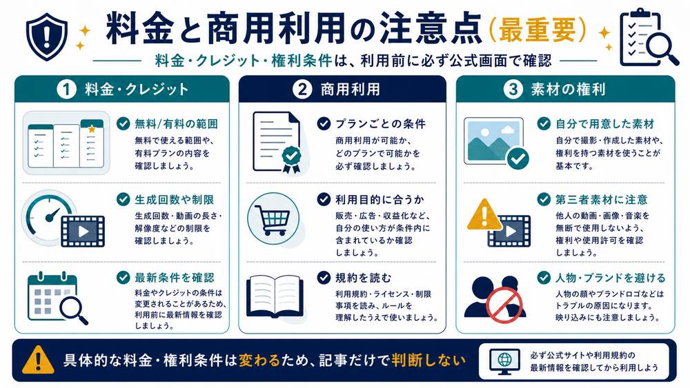 Runwayの料金クレジット商用利用素材の権利を公式画面で確認する注意点の図