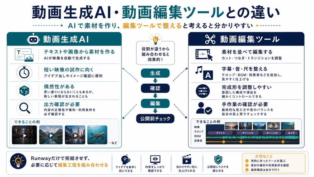 動画生成AIで素材を作り動画編集ツールで字幕音尺を整えて公開前チェックする比較図