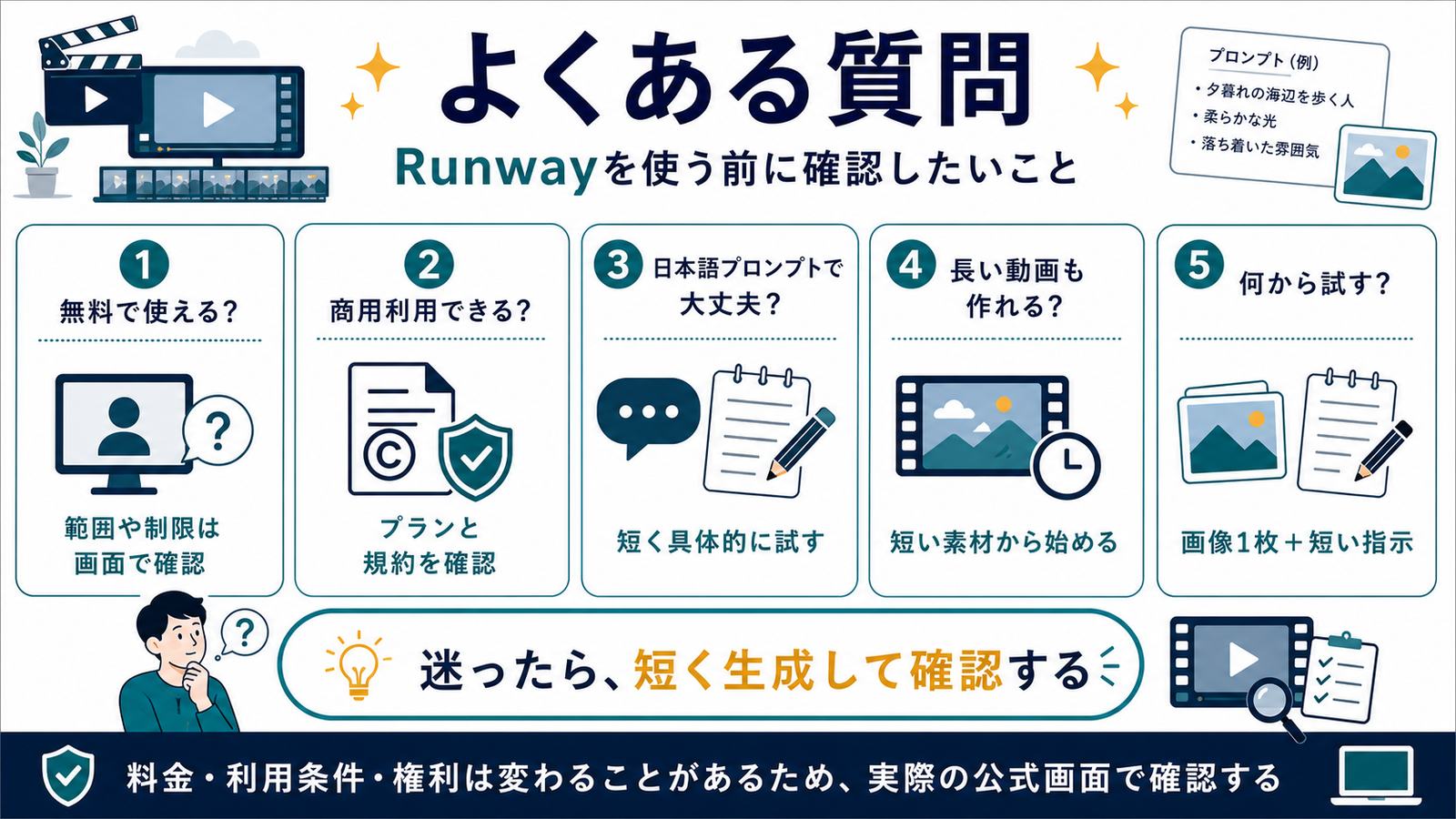 Runwayの無料範囲商用利用日本語プロンプト長い動画何から試すかを整理するFAQ図