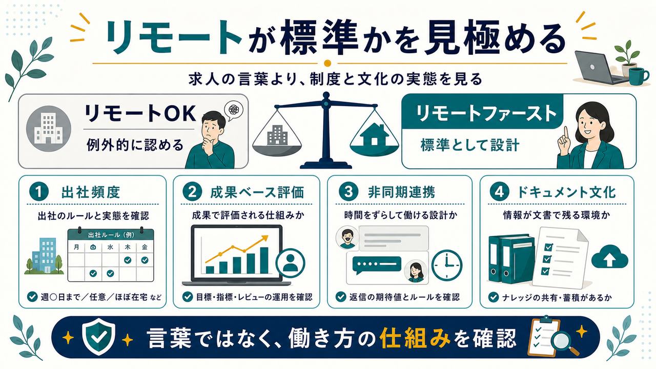 リモートファースト企業をリモートOKとの違い、出社頻度、成果ベース評価、非同期連携、ドキュメント文化で見極める図解