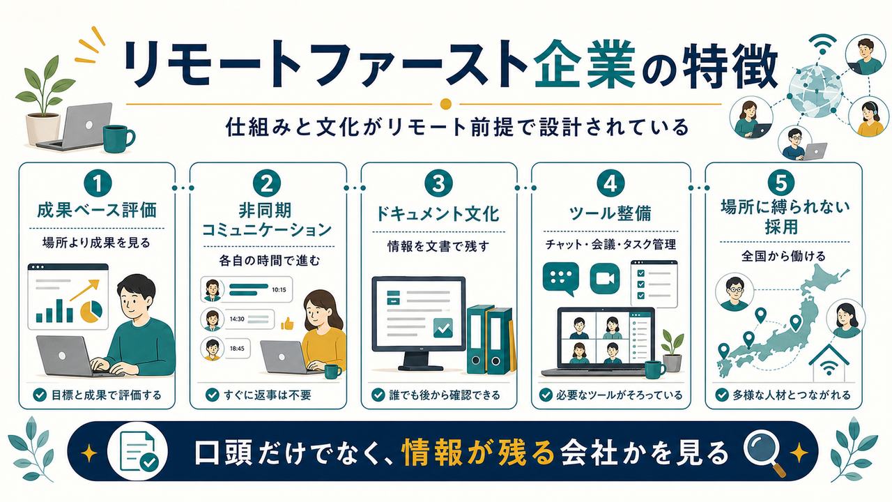 リモートファースト企業の特徴として成果ベース評価、非同期コミュニケーション、ドキュメント文化、ツール整備、場所に縛られない採用を整理した図解