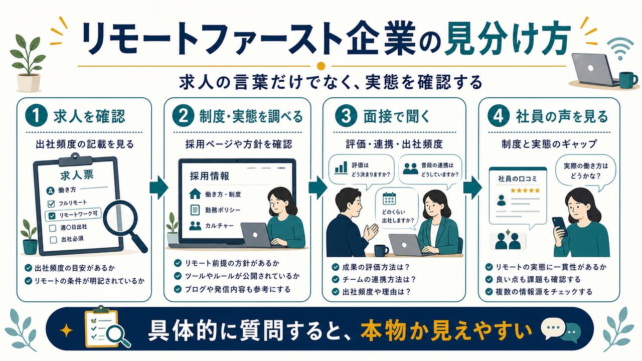 リモートファースト企業の見分け方として求人確認、制度と実態の調査、面接での質問、社員の声の確認を4ステップで整理した図解