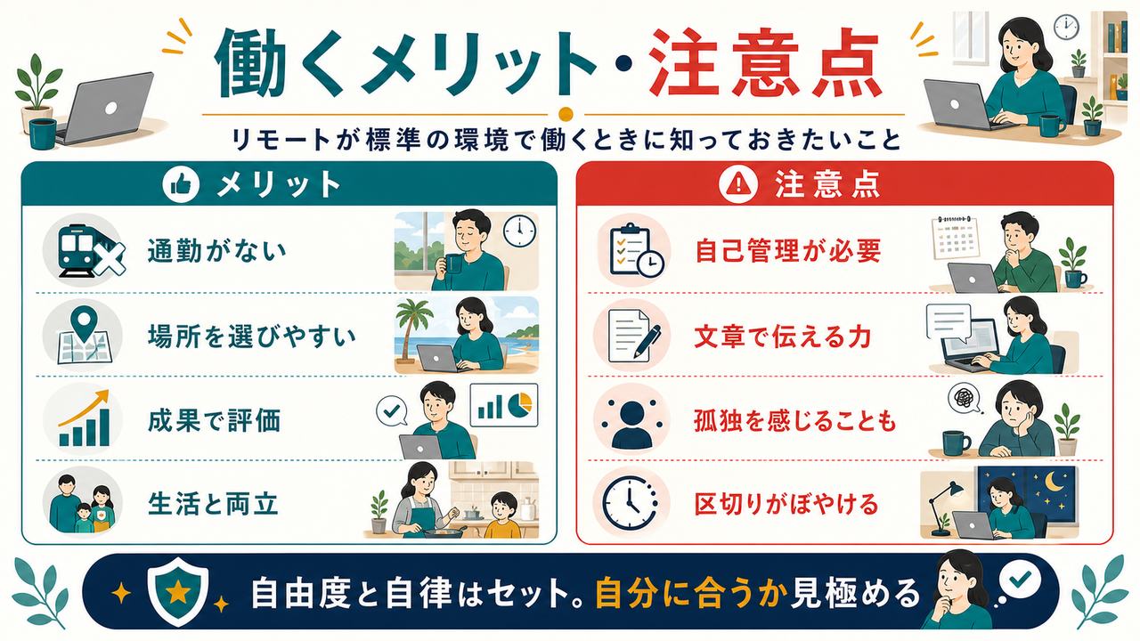 リモートファースト企業で働くメリットとして通勤なしや場所の自由、注意点として自己管理、文章で伝える力、孤独、区切りの難しさを整理した図解