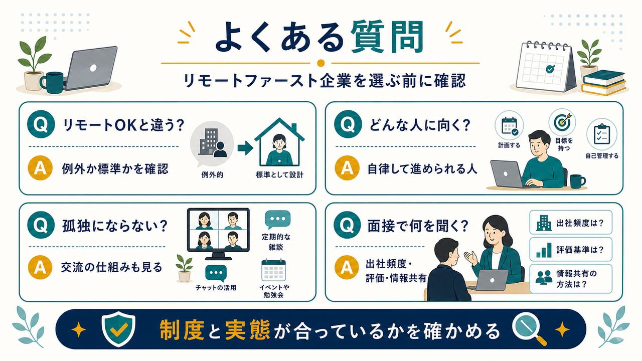リモートファースト企業のFAQとしてリモートOKとの違い、向いている人、孤独対策、面接で聞くことを整理した図解