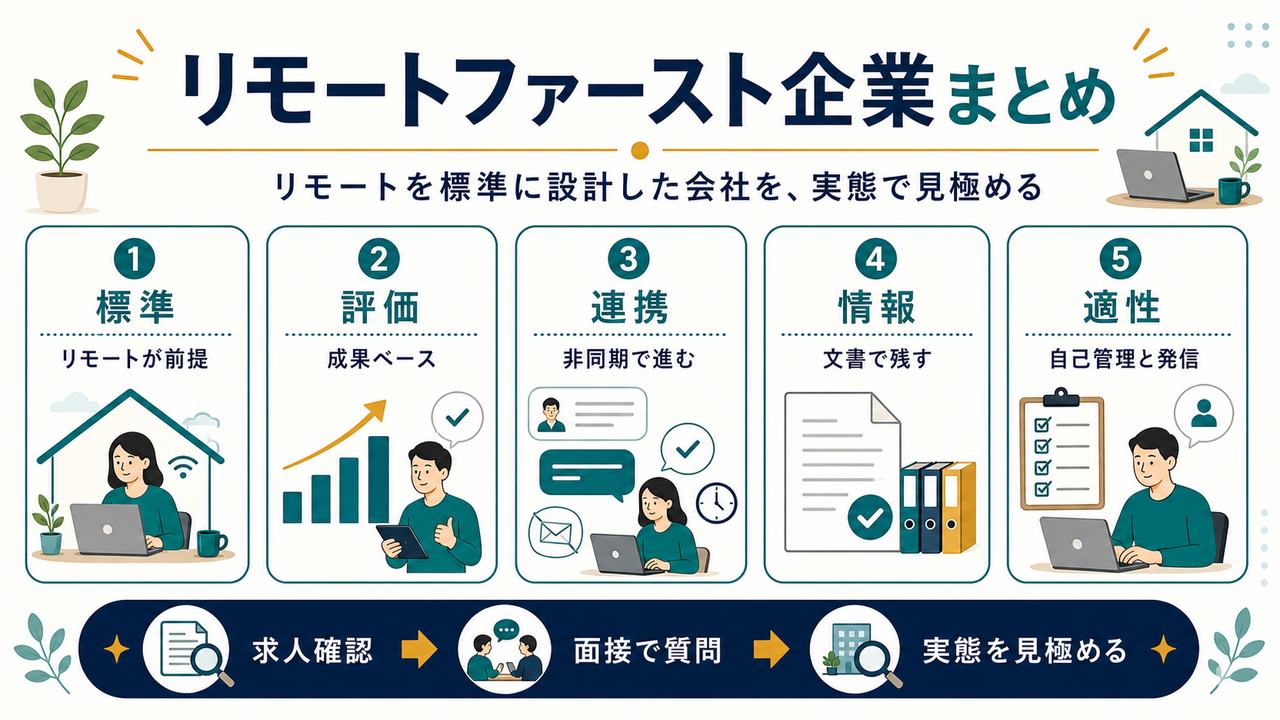 リモートファースト企業をリモート標準、成果ベース評価、非同期連携、文書で残す情報、自己管理と発信でまとめた図解