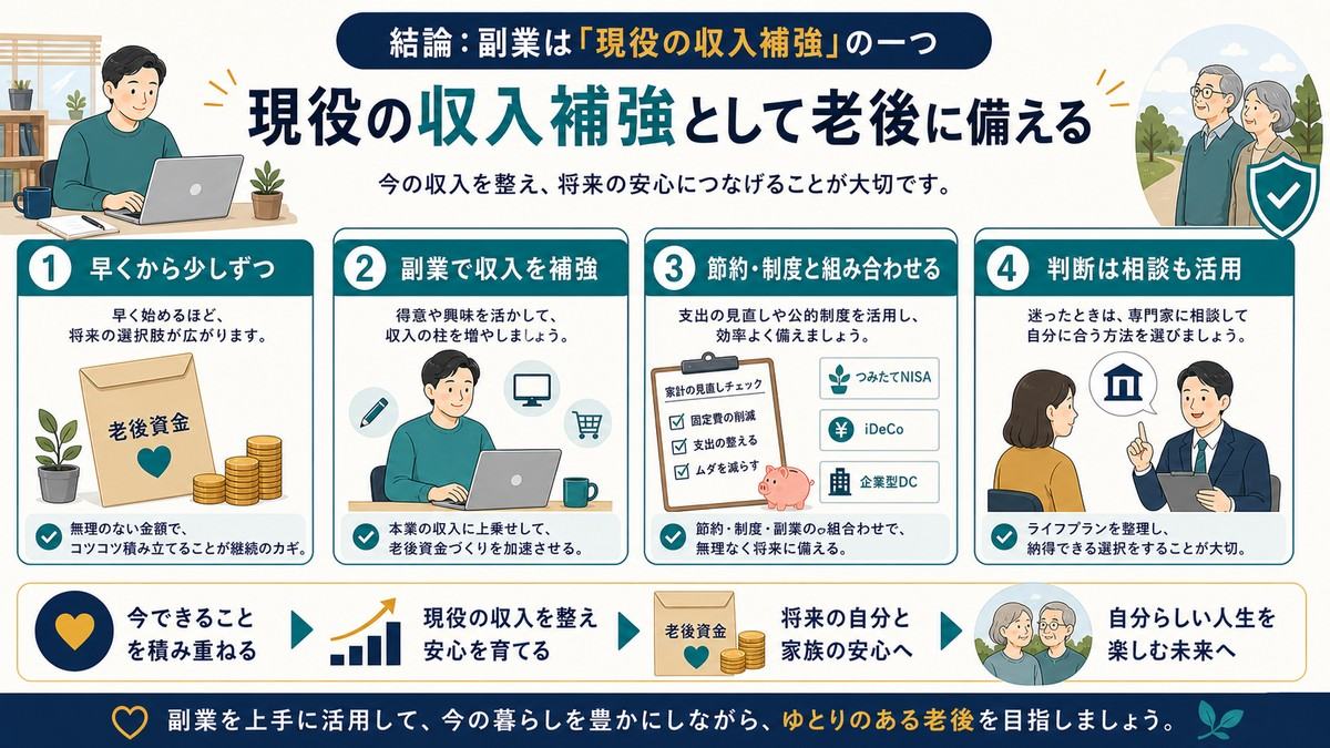 副業を現役の収入補強として老後資金に備え節約や制度と組み合わせ相談しながら進める流れの図解