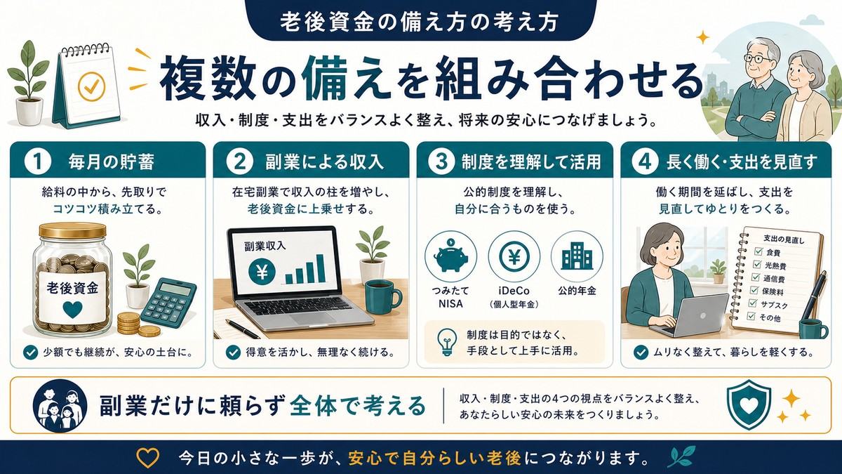 老後資金の備え方を毎月の貯蓄、副業収入、制度の理解と活用、長く働くことと支出見直しで整理した図解