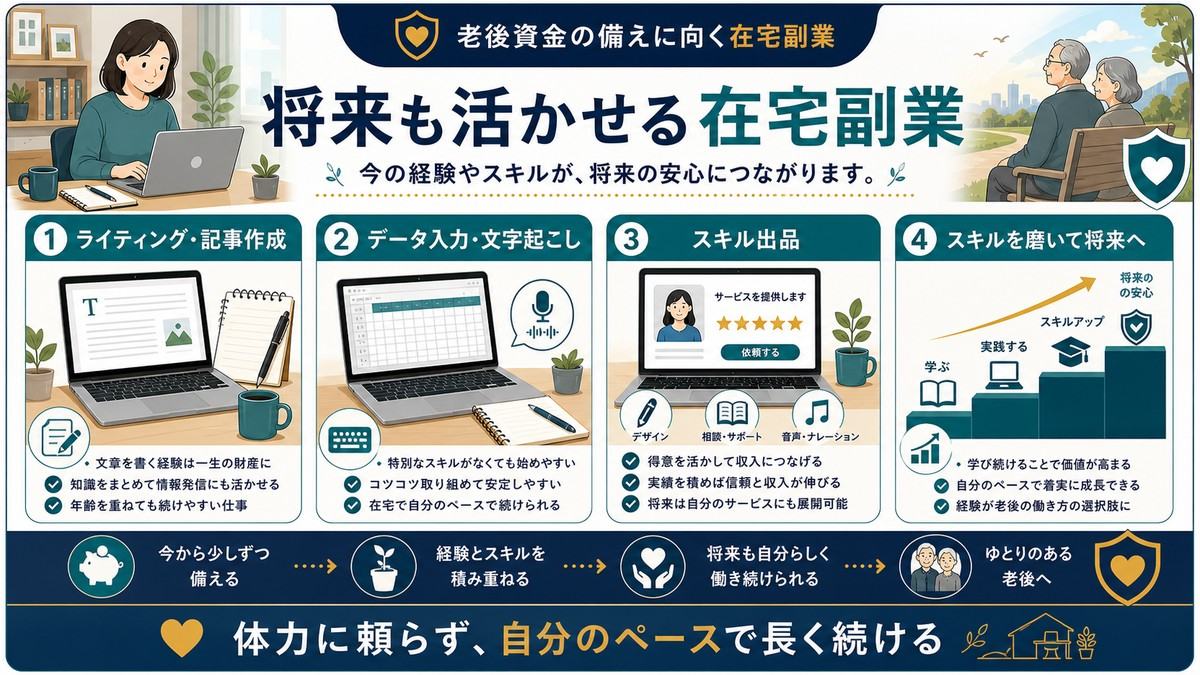 老後資金の備えに向く在宅副業としてライティング、データ入力、スキル出品、将来に活かせるスキル磨きを整理した図解