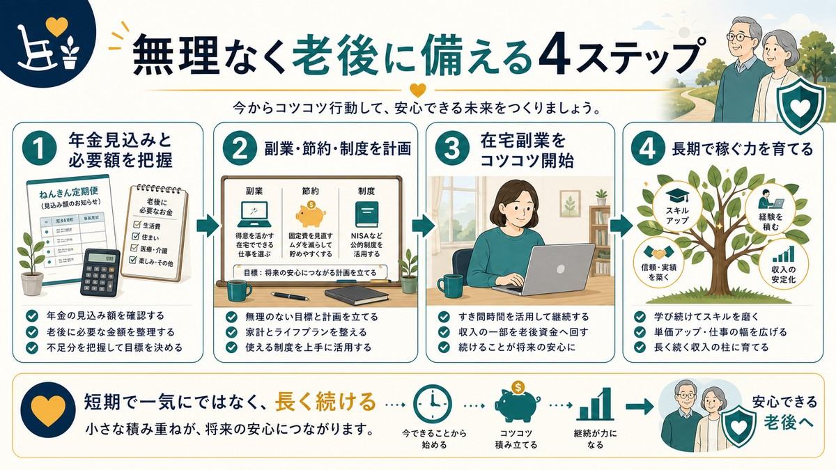 年金見込みと必要額を把握し副業、節約、制度を計画して在宅副業を始め長期で稼ぐ力を育てる4ステップの図解