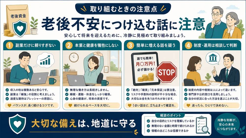 老後資金の不安につけ込む話に注意し副業だけに頼りすぎず本業と健康を守り制度や運用は相談して判断する図解