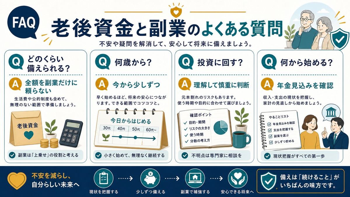 老後資金と副業のFAQを副業だけに頼らない、今から少しずつ、投資は慎重に判断、年金見込みを確認で整理した図解
