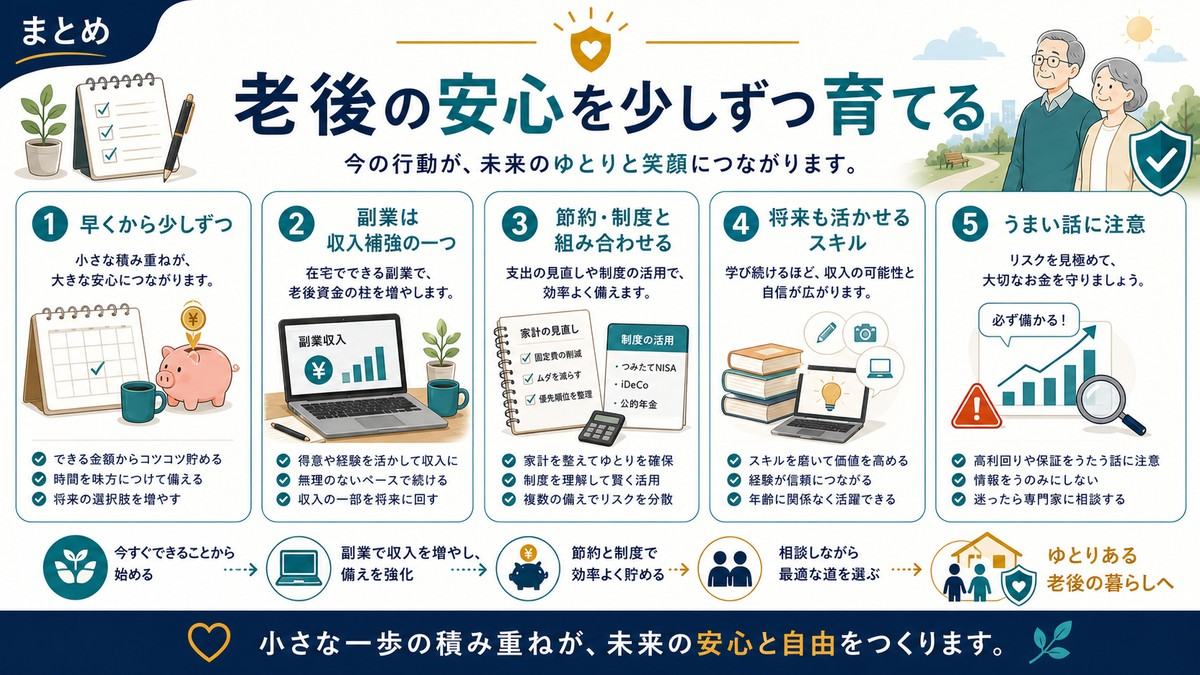 老後の安心を早くから少しずつ育て副業を収入補強の一つとして節約や制度と組み合わせ将来も活かせるスキルを磨くまとめ図解