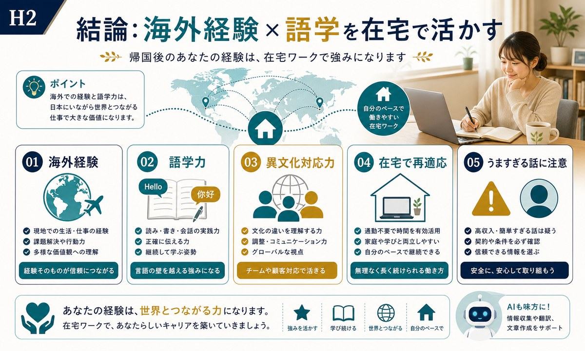 帰国後に海外経験、語学力、異文化対応力を在宅ワークで活かし再適応しながらうますぎる話に注意する図解