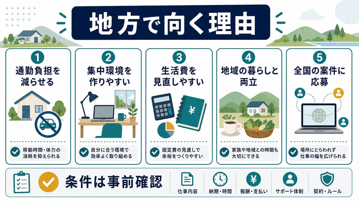 地方で在宅ワークが向く理由として、通勤負担を減らせる、集中環境を作りやすい、生活費を見直しやすい、地域の暮らしと両立、全国の案件に応募をまとめた図解