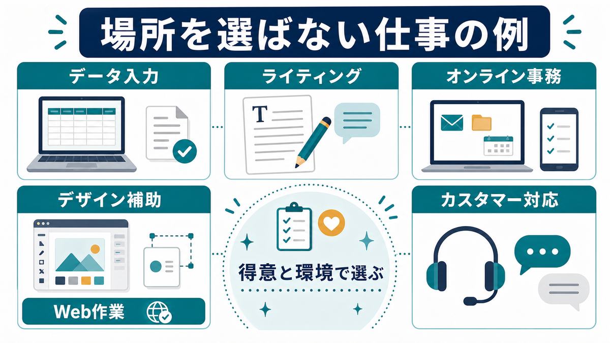 場所を選ばない仕事の例として、データ入力、ライティング、オンライン事務、デザイン補助、Web作業、カスタマー対応を示す図解