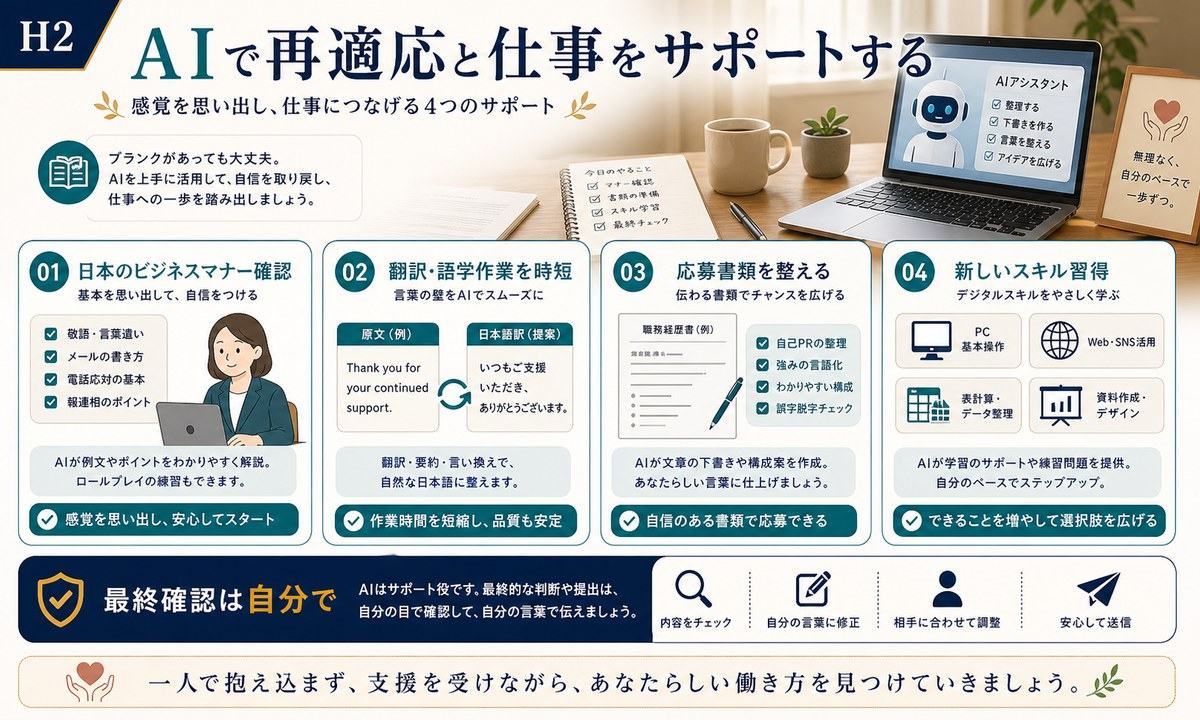 AIで日本のビジネスマナー確認、翻訳や語学作業の時短、応募書類作成、新しいスキル習得をサポートする図解