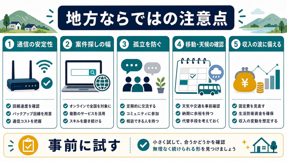 地方ならではの注意点として、通信の安定性、案件探しの幅、孤立を防ぐ、移動と天候の確認、収入の波に備える、事前に試すを示す図解