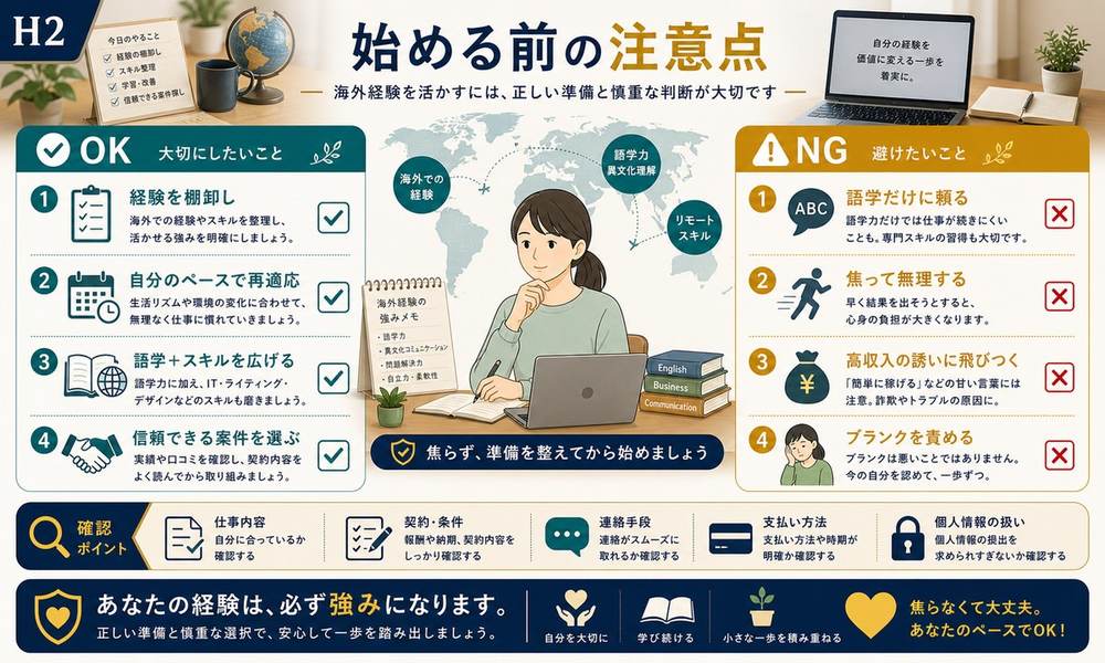 海外経験を棚卸しし自分のペースで再適応し語学とスキルを広げ信頼できる案件を選び高収入の誘いに注意する図解