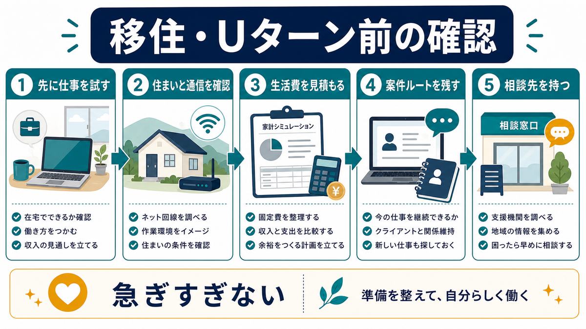 移住やUターン前の確認として、先に仕事を試す、住まいと通信を確認、生活費を見積もる、案件ルートを残す、相談先を持つ、急ぎすぎないを示す図解