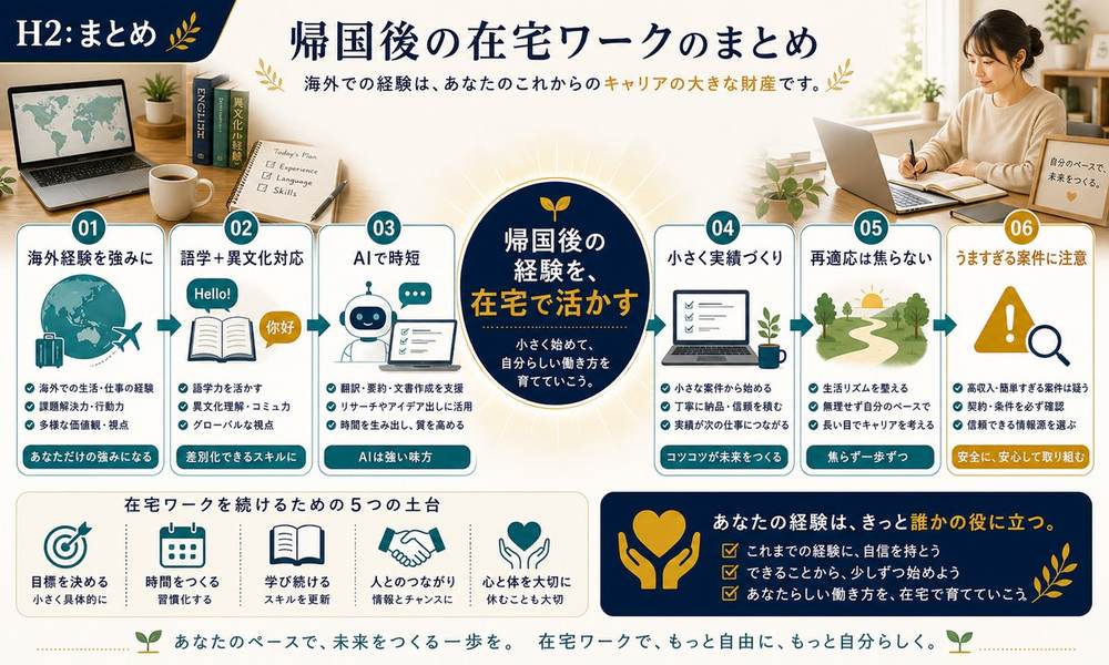 海外経験を強みに語学と異文化対応を活かしAIで時短し小さく実績を作り焦らず再適応するまとめ図解