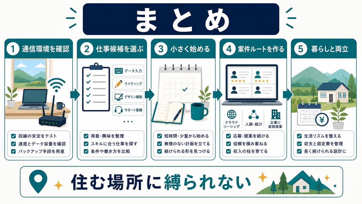 地方や田舎で在宅ワークを始める流れのまとめとして、通信環境を確認、仕事候補を選ぶ、小さく始める、案件ルートを作る、暮らしと両立、住む場所に縛られないを示す図解