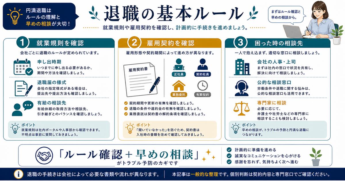 退職の基本ルールを就業規則、雇用契約、困った時の相談先で確認する流れの図解