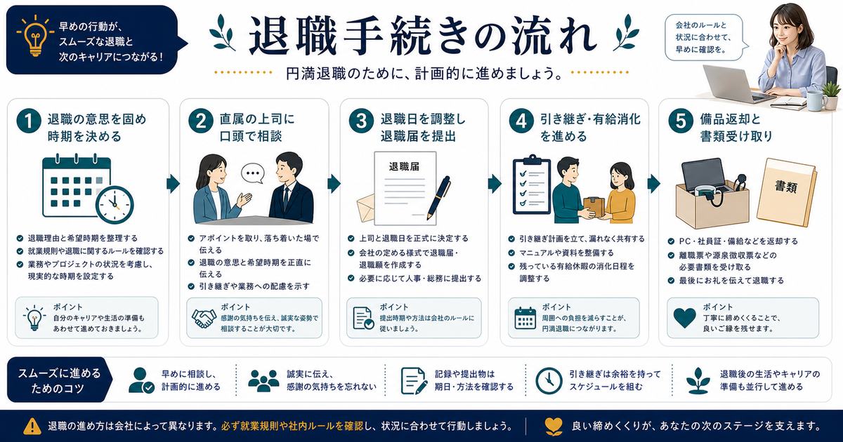 退職の意思決定、上司相談、退職日調整、退職届、引き継ぎ、有給相談、返却と書類受け取りの流れの図解