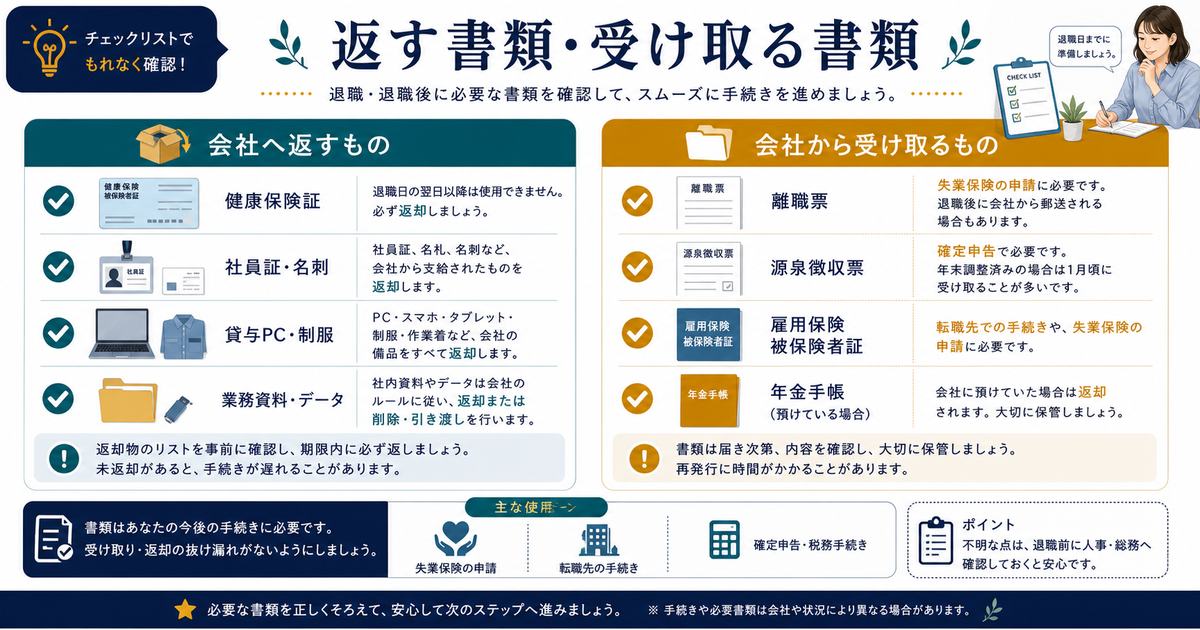 退職時に会社へ返す健康保険証、社員証、貸与品と会社から受け取る離職票、源泉徴収票などを整理した図解