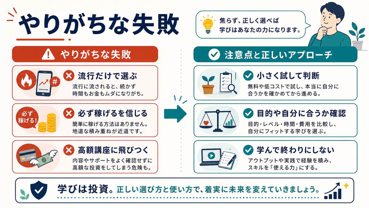リスキリングで流行だけで選ぶ、必ず稼げるを信じる、高額講座に飛びつく失敗を避ける図解