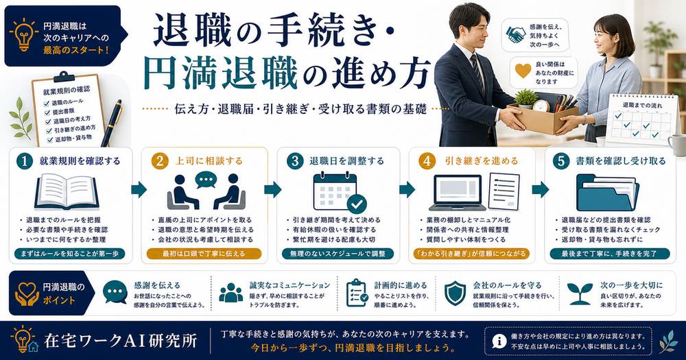 退職の手続きと円満退職の進め方をまとめたアイキャッチ画像