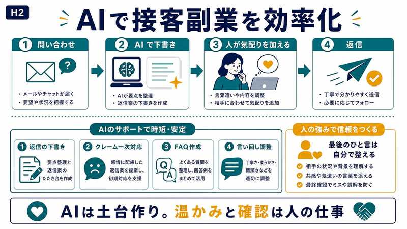 問い合わせ対応をAIで下書きし人が気配りを加えて返信する接客副業効率化の図解