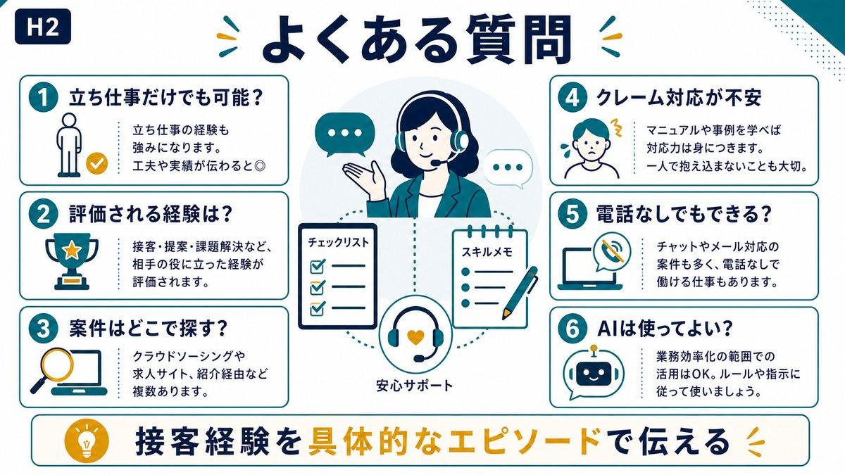 販売接客経験を活かす在宅副業のFAQとして立ち仕事経験評価される経験案件探しクレーム不安電話なしAI活用を整理した図解