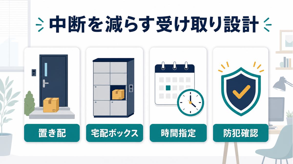 在宅ワーク中の宅配対応で、置き配・宅配ボックス・時間指定・防犯確認を組み合わせて中断を減らす図解