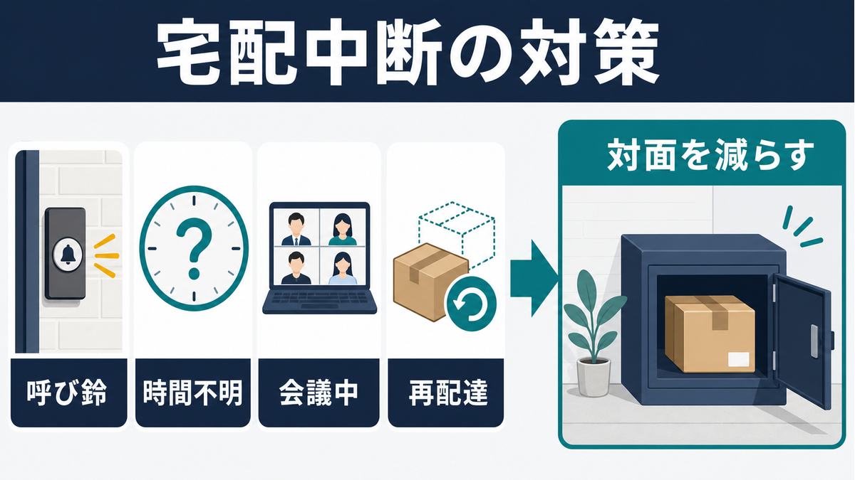 呼び鈴・時間不明・会議中・再配達による中断を、対面受け取りを減らして防ぐ図解
