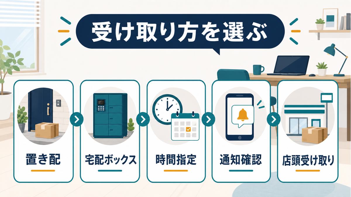 置き配・宅配ボックス・時間指定・通知確認・店頭受け取りを選んで宅配対応を工夫する図解