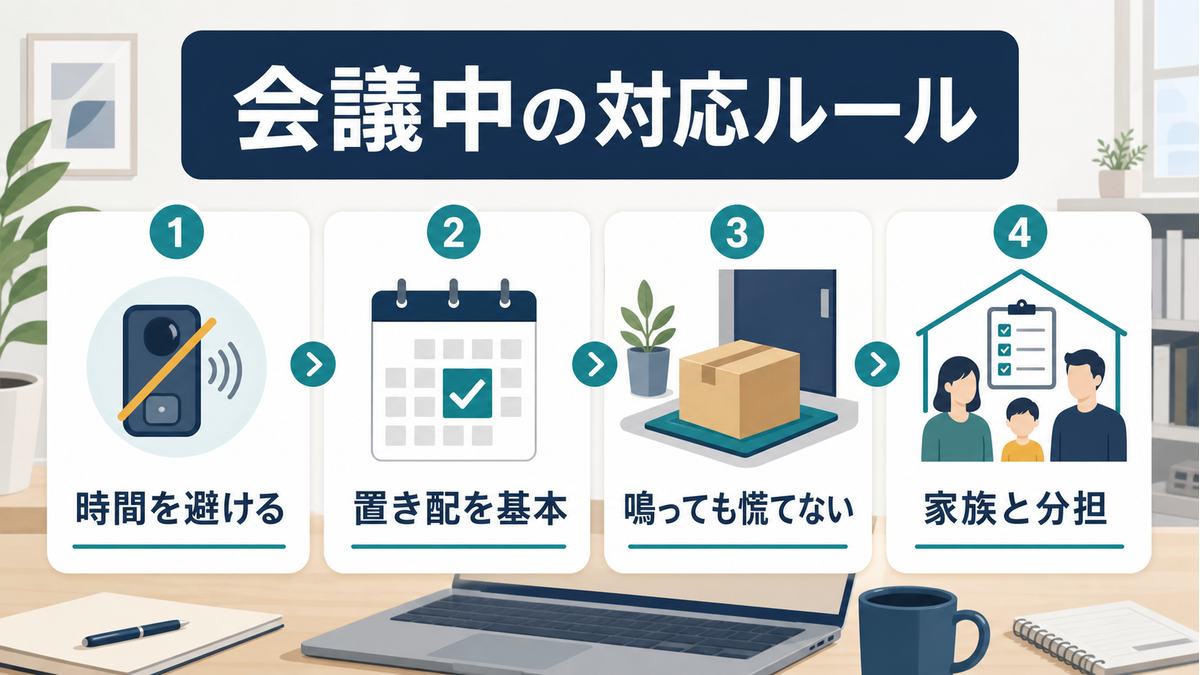 会議中の宅配対応ルールとして、時間を避ける・置き配を基本にする・鳴っても慌てない・家族と分担する流れの図解