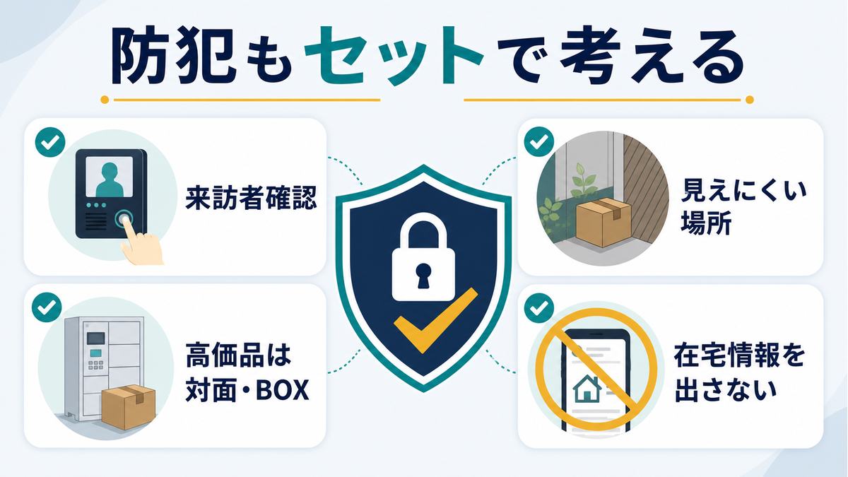 置き配や来客対応では来訪者確認、見えにくい場所、高価品の対面受け取り、在宅情報を出さないことが大切という図解