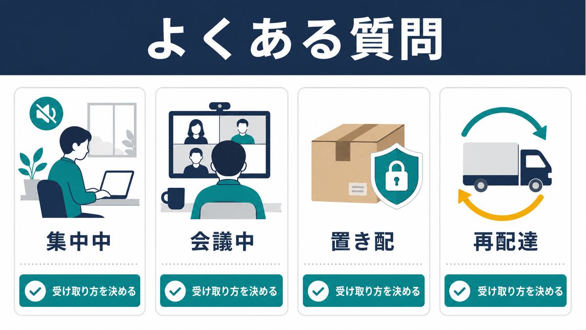 在宅ワーク中の宅配対応FAQとして、集中中・会議中・置き配・再配達の悩みは受け取り方を決めることで整理できる図解