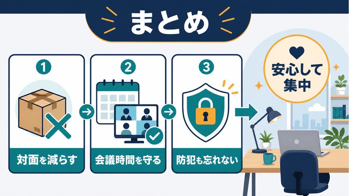 在宅ワークの宅配・来客対応は対面を減らす、会議時間を守る、防犯も忘れないことで安心して集中できるというまとめ図解